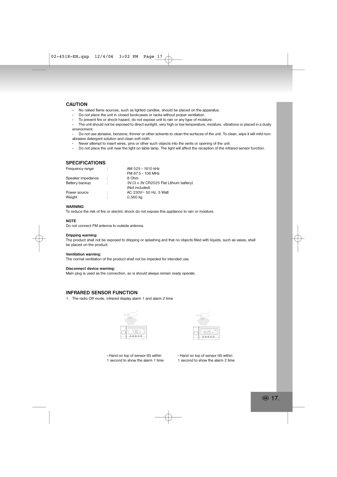 Elta 4518 manual Specifications, Infrared Sensor Function 