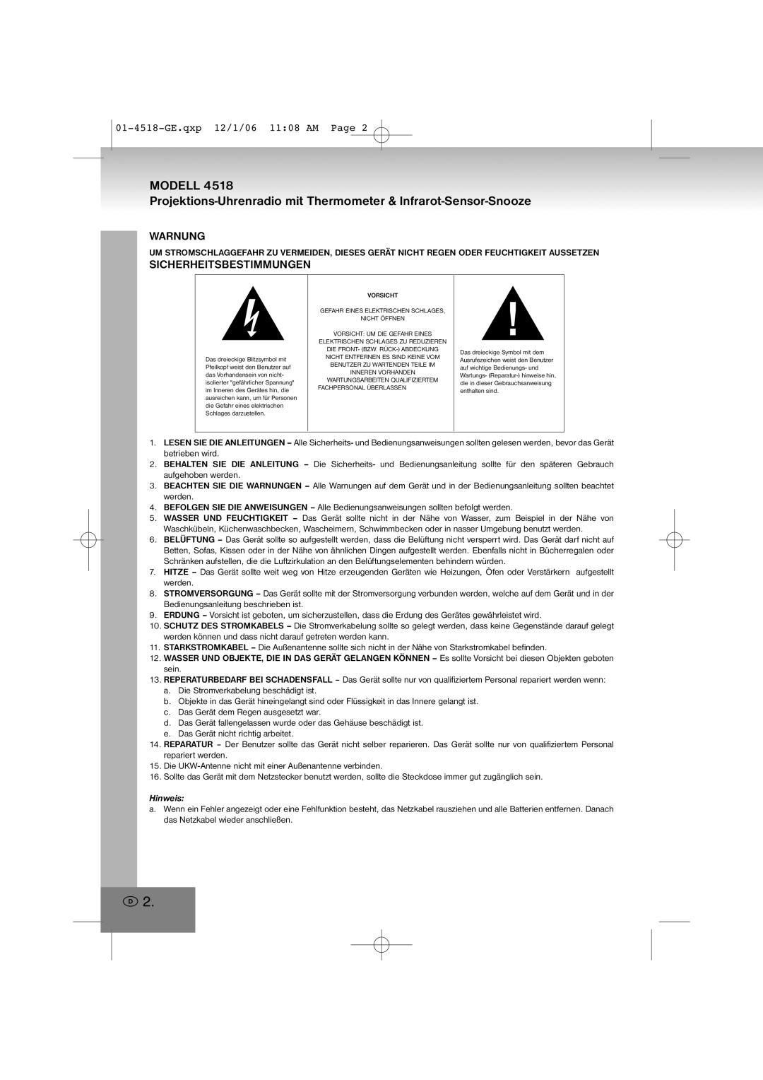 Elta 4518 manual Warnung, Sicherheitsbestimmungen, Hinweis 