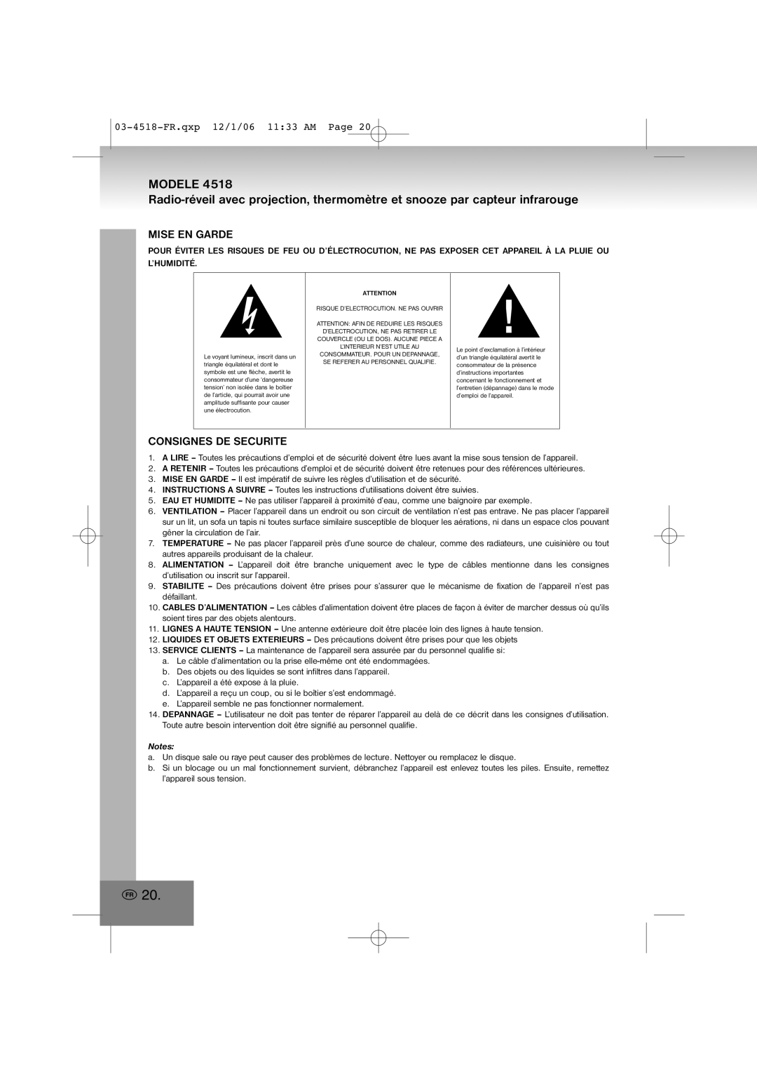 Elta 4518 manual Mise EN Garde, Consignes DE Securite 