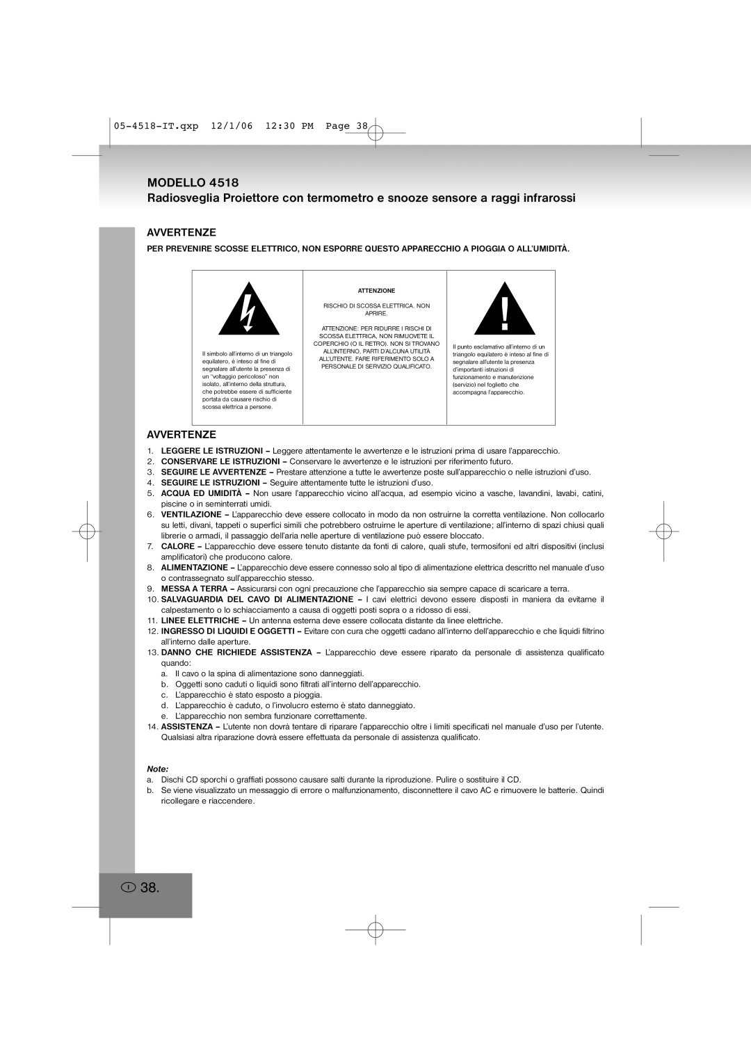 Elta 4518 manual Modello, Avvertenze 