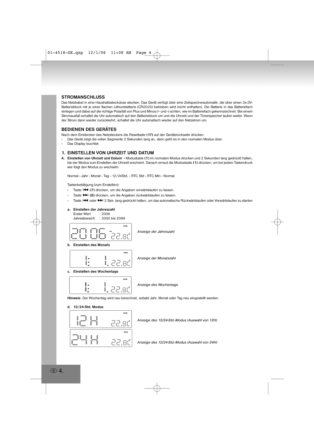 Elta 4518 manual Stromanschluss, Bedienen DES Gerätes, Einstellen VON Uhrzeit UND Datum 