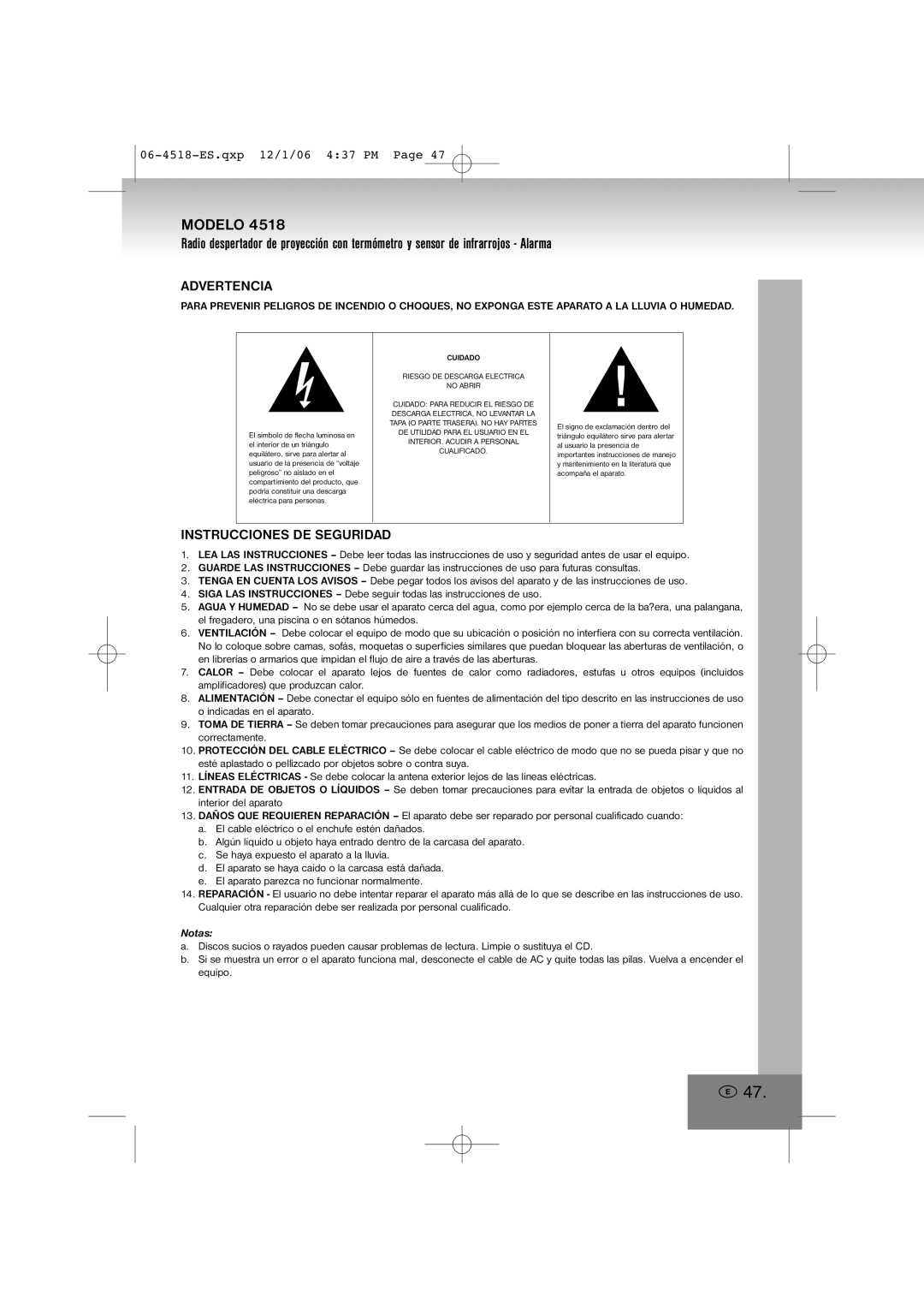 Elta 4518 manual Advertencia, Instrucciones DE Seguridad, Notas 