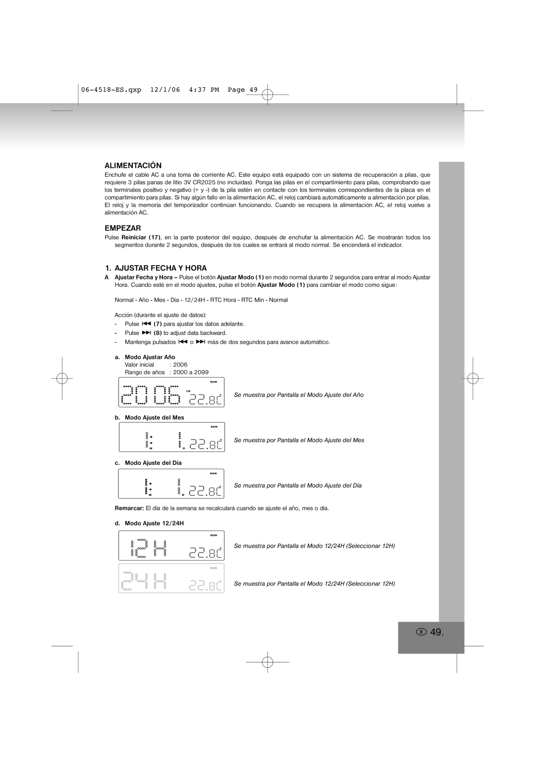 Elta 4518 manual Alimentación, Empezar, Ajustar Fecha Y Hora 