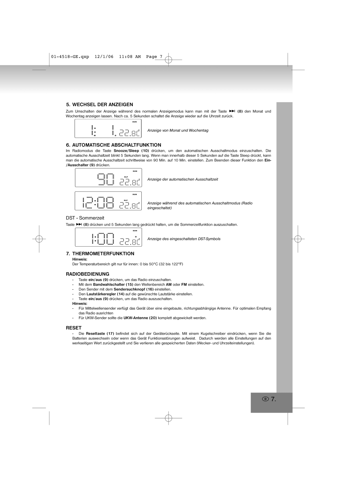 Elta 4518 manual Automatische Abschaltfunktion, DST Sommerzeit, Thermometerfunktion, Radiobedienung, Reset 