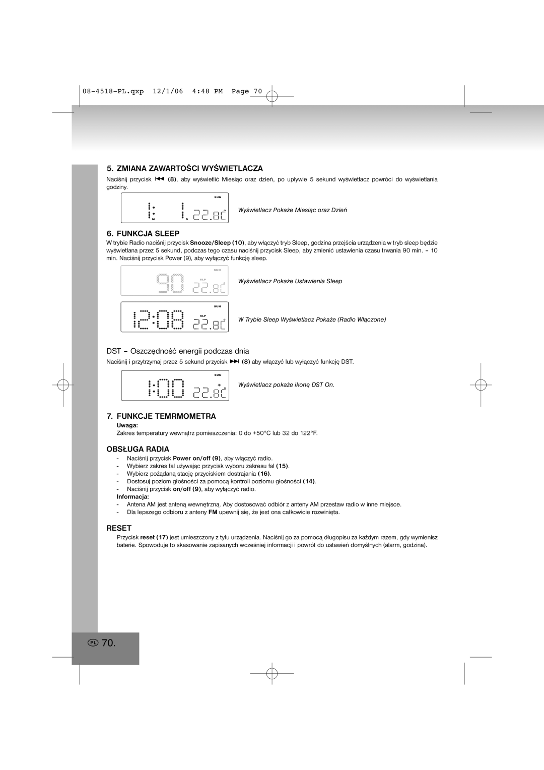 Elta 4518 manual Funkcja Sleep, DST Oszczędność energii podczas dnia, Funkcje Temrmometra, Obsługa Radia 