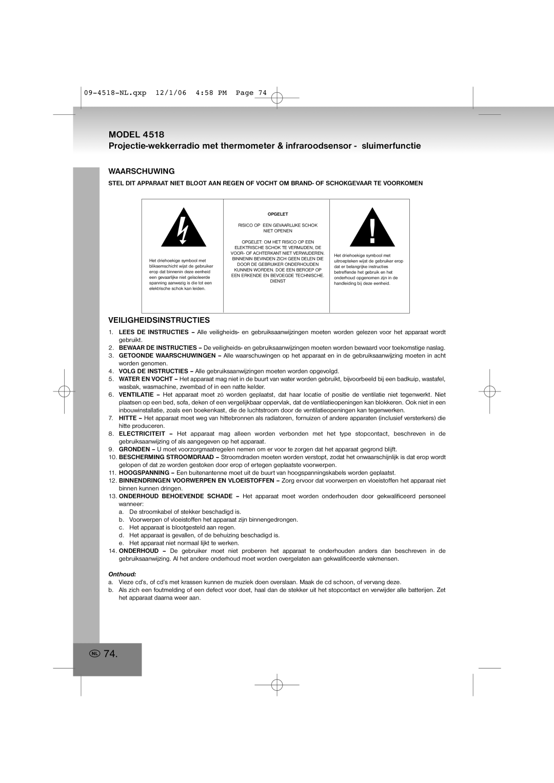 Elta 4518 manual Waarschuwing, Veiligheidsinstructies, Onthoud 