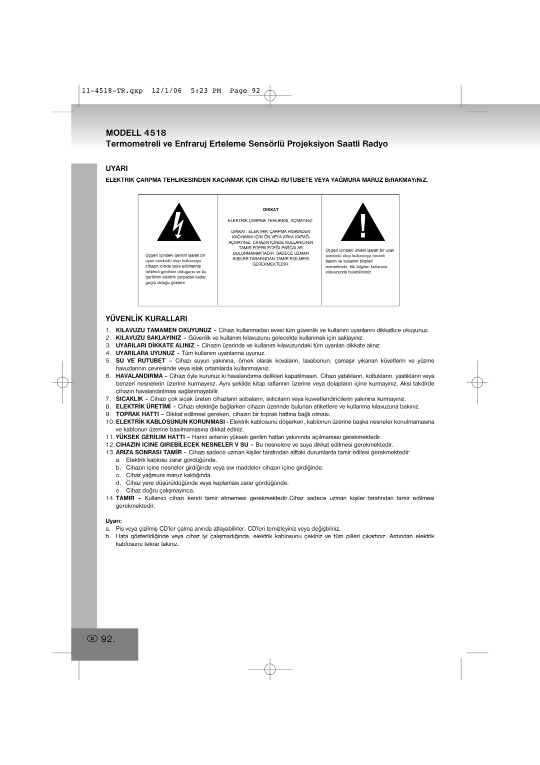 Elta 4518 manual Uyari, Yüvenlýk Kurallari 