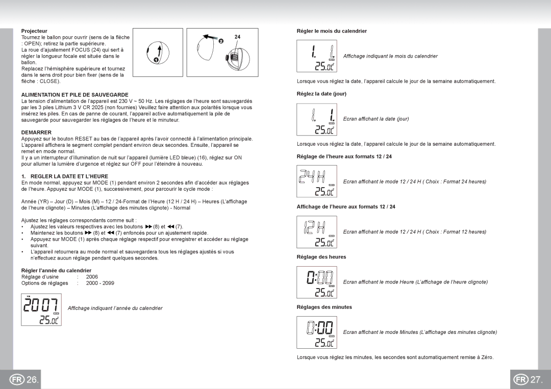 Elta 4521 manual Alimentation ET Pile DE Sauvegarde, Demarrer, Regler LA Date ET L’HEURE 