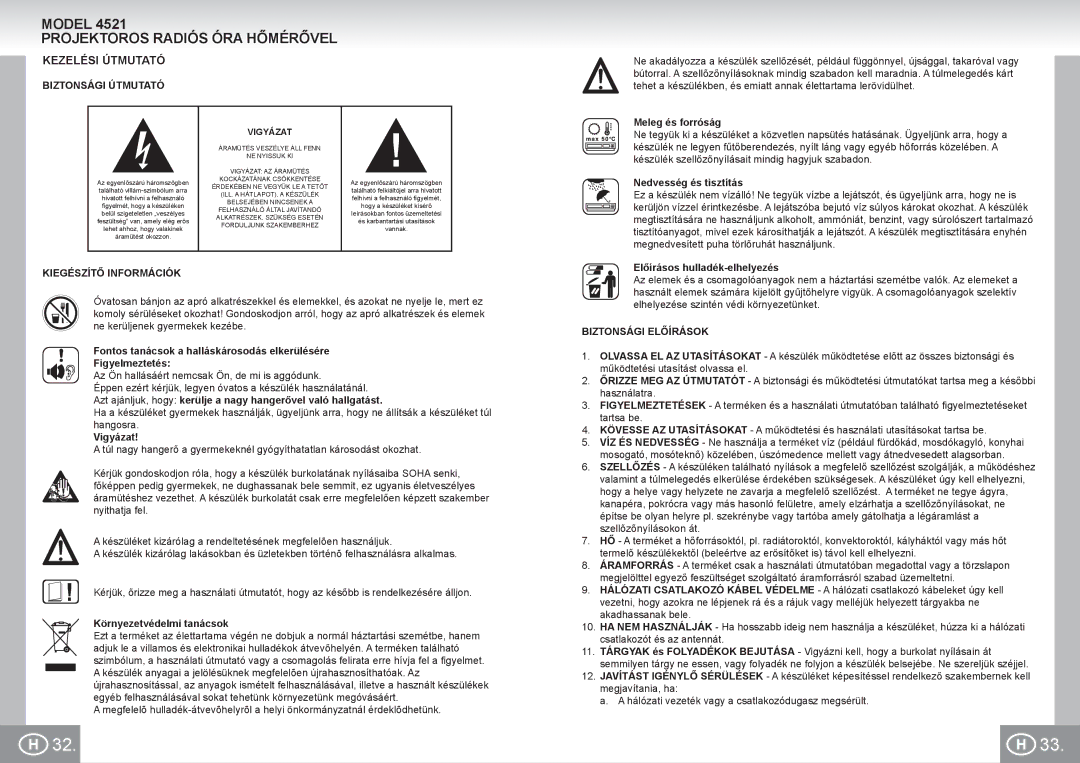 Elta 4521 manual Projektoros Radiós ÓRA Hőmérővel, Kezelési Útmutató, Biztonsági Útmutató, Kiegészítő Információk 