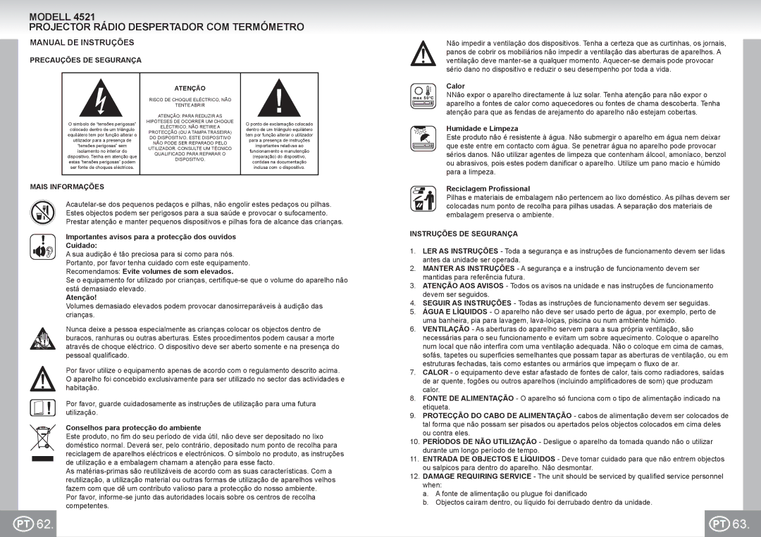 Elta 4521 manual Modell Projector Rádio Despertador COM Termómetro, Manual DE Instruções, Precauções DE Segurança 