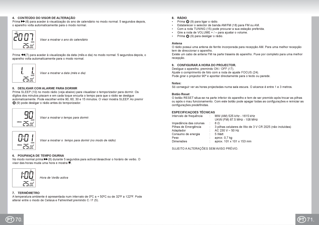 Elta 4521 manual Conteúdo do Visor DE Alteração, Desligar COM Alarme Para Dormir, Poupança DE Tempo Diurna, Rádio 