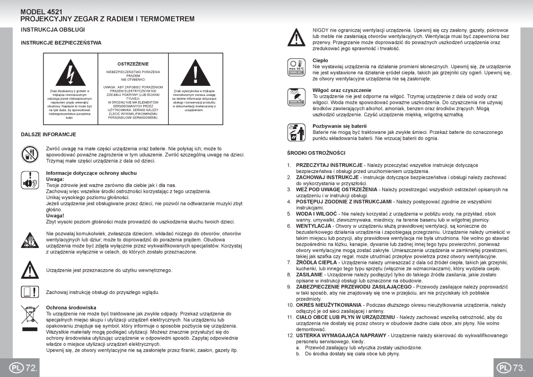 Elta 4521 manual Projekcyjny Zegar Z Radiem I Termometrem, Instrukcja Obsługi, Instrukcje Bezpieczeństwa, Dalsze Inforamcje 