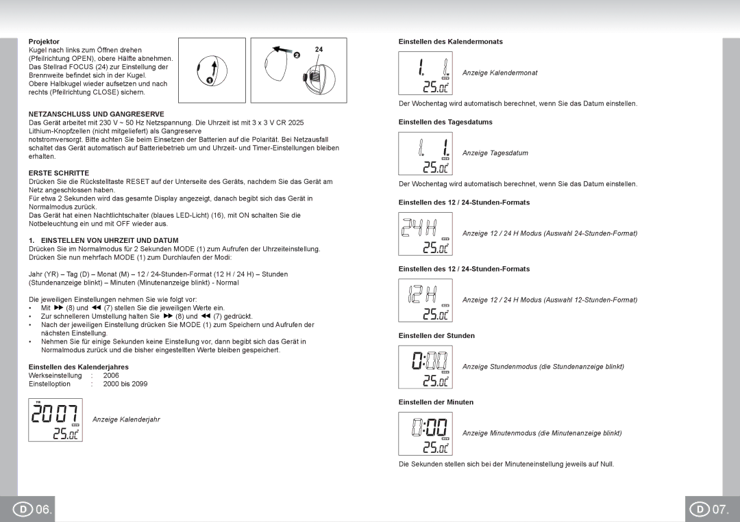 Elta 4521 manual Netzanschluss UND Gangreserve, Erste Schritte, Einstellen VON Uhrzeit UND Datum 