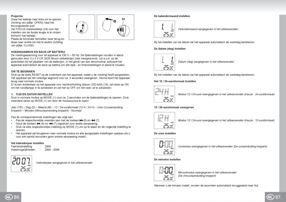 Elta 4521 manual Voedingsbron EN BACK-UP Batterij, OM TE Beginnen, Tijd EN Datum Instellen 