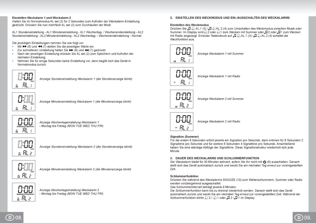 Elta 4521 manual Einstellen Weckalarm 1 und Weckalarm, Einstellen des Weckmodus, Signalton Summer, Schlummerfunktion 