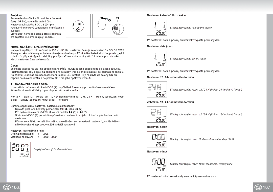 Elta 4521 manual 106 107, Zdroj Napájení a Záložní Baterie, Úvod, Nastavení Času a Data 