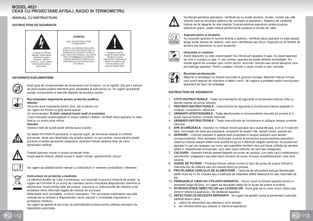 Elta 4521 manual 112 113, Ceas CU Proiectare AFISAJ, Radio SI Termometru, Manual CU Instructiuni, Instructiuni DE Siguranta 