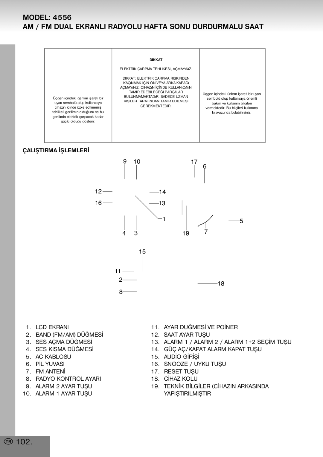 Elta 4556 manual 102, SES Kisma Düðmesý GÜÇ AÇ/KAPAT Alarm Kapat Tuþu AC Kablosu, PÝL Yuvasi Snooze / Uyku Tuþu FM Antený 