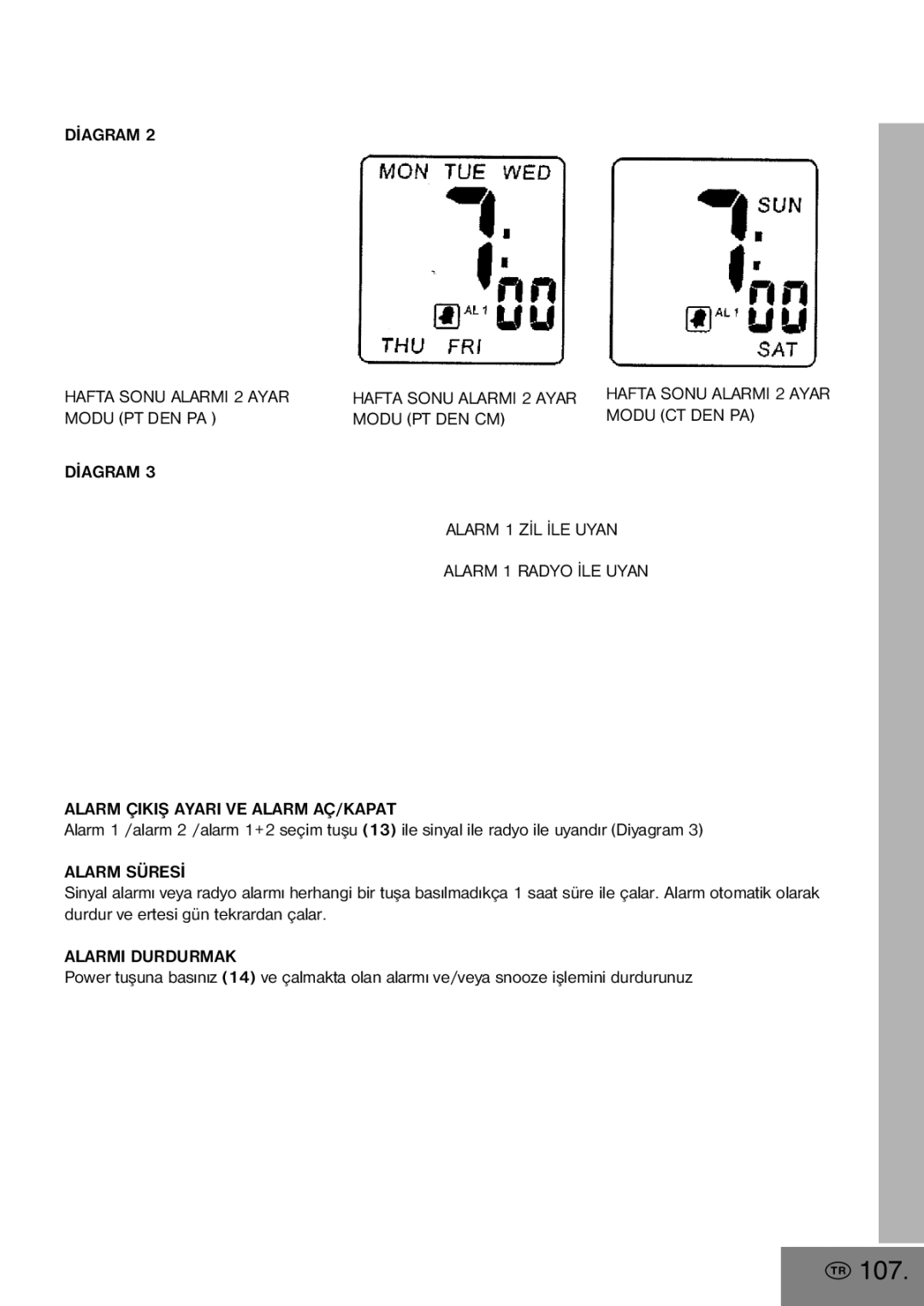 Elta 4556 manual Dýagram Hafta Sonu Alarmi 2 Ayar Modu PT DEN PA, Alarm Süresý, Alarmi Durdurmak 