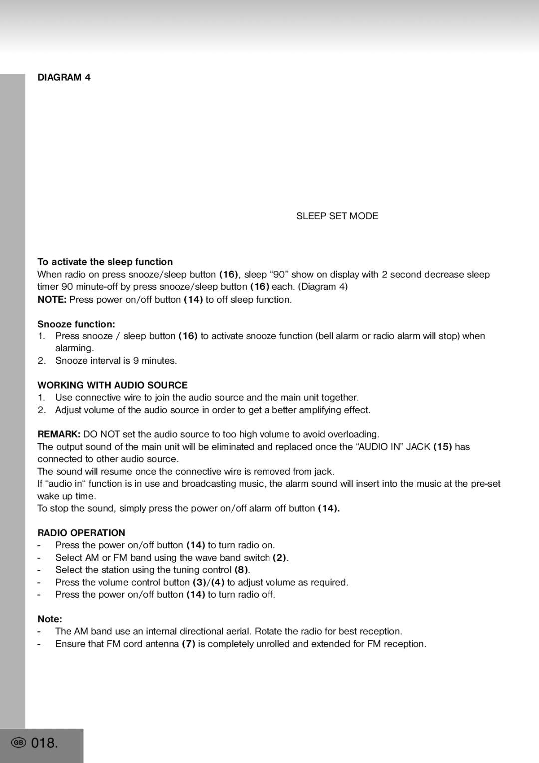 Elta 4556 manual Diagram Sleep SET Mode, Working with Audio Source, Radio Operation 