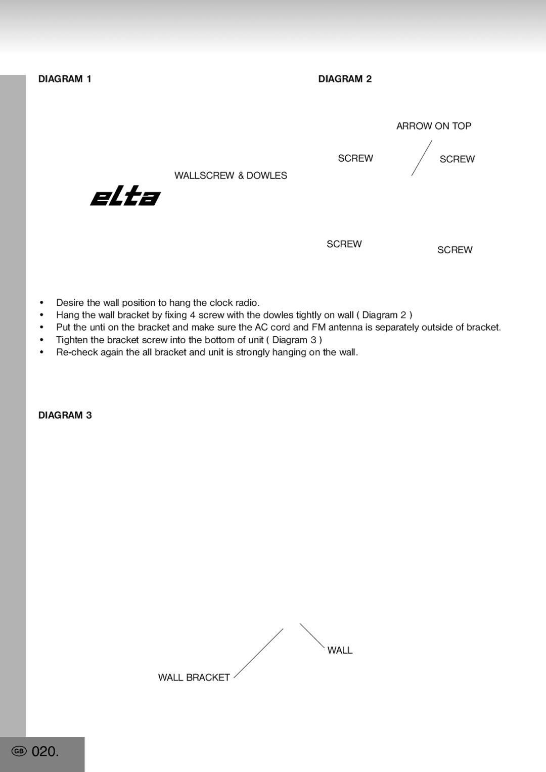 Elta 4556 manual Diagram Arrow on TOP Screwscrew Wallscrew & Dowles, Diagram Wall Wall Bracket 