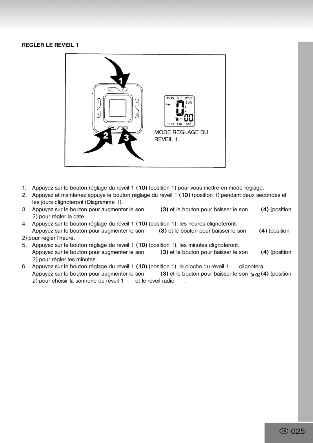 Elta 4556 manual 025, Regler LE Reveil Mode Reglage DU 