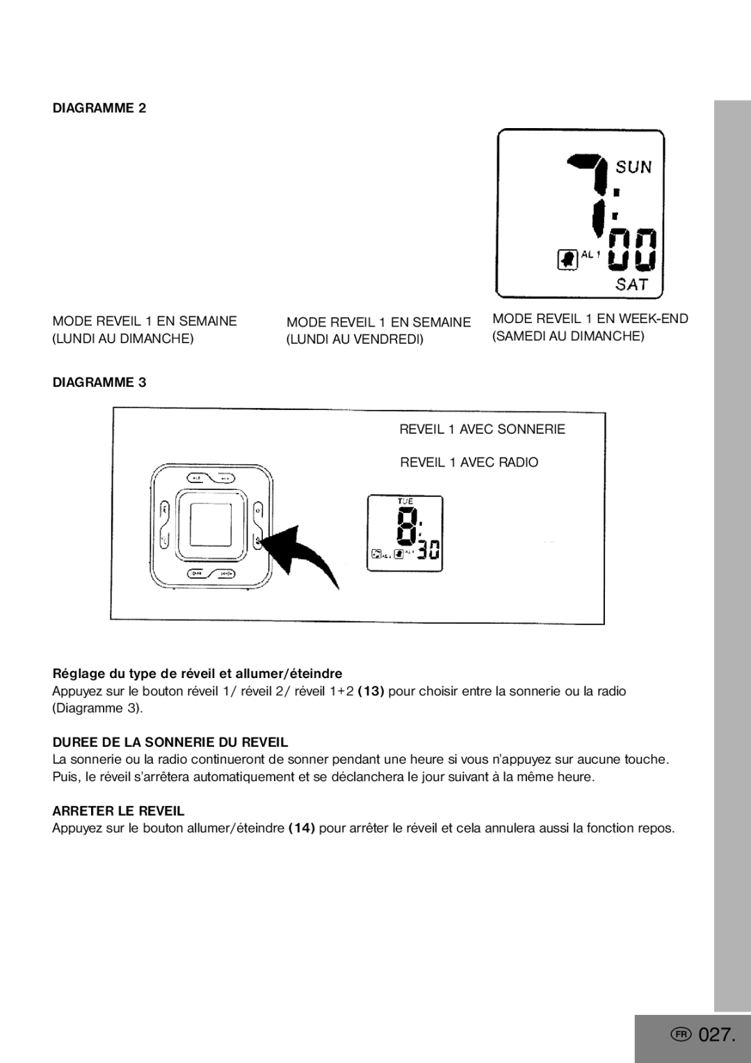 Elta 4556 manual 027, Diagramme Mode Reveil 1 EN Semaine, Duree DE LA Sonnerie DU Reveil, Arreter LE Reveil 