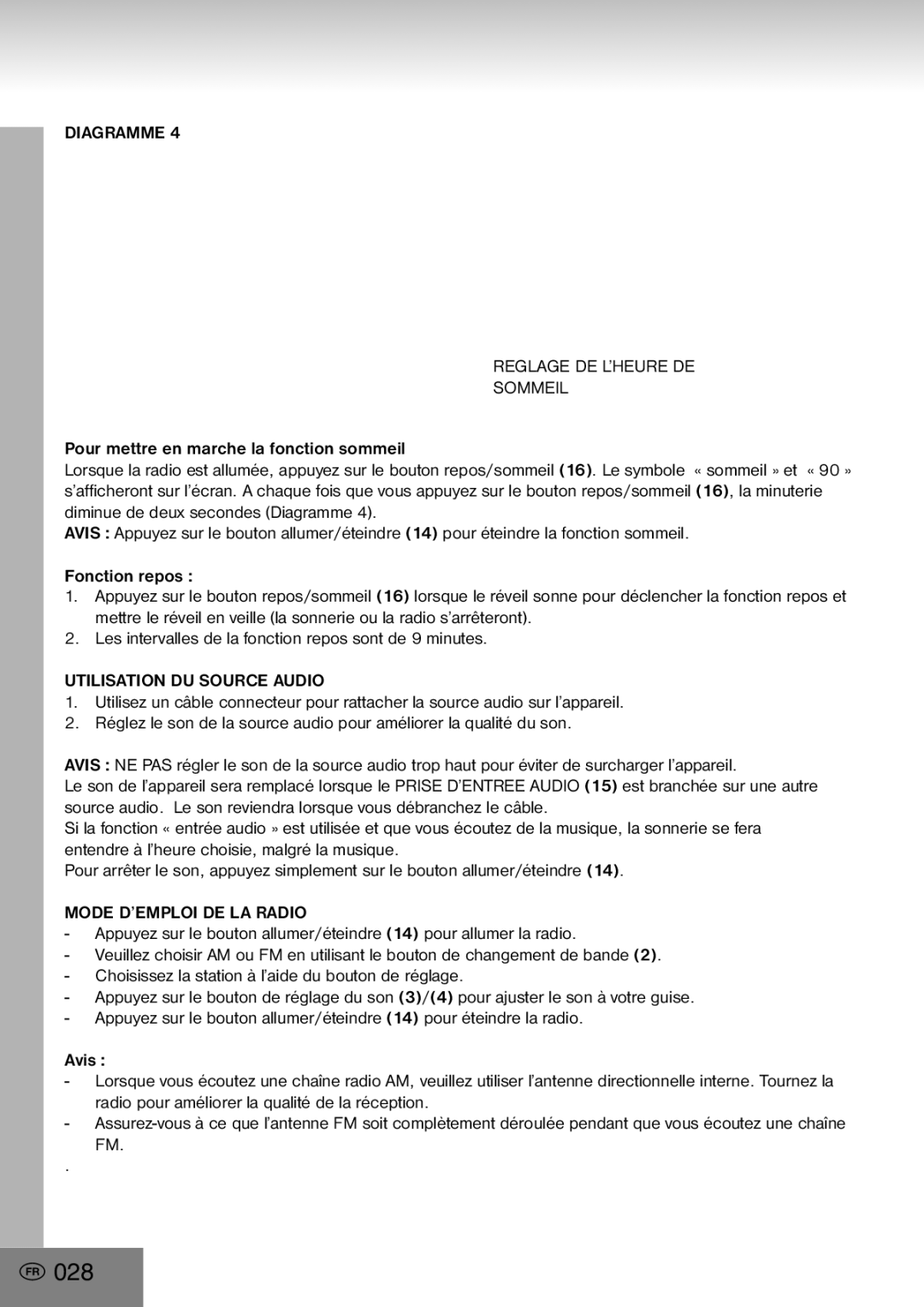 Elta 4556 manual 028, Diagramme Reglage DE L’HEURE DE Sommeil, Utilisation DU Source Audio, Mode D’EMPLOI DE LA Radio 