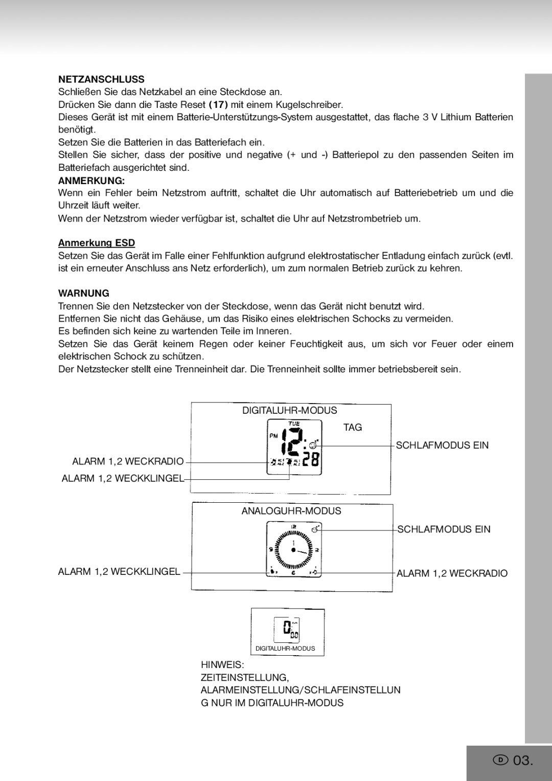 Elta 4556 manual Netzanschluss, Anmerkung, Warnung 