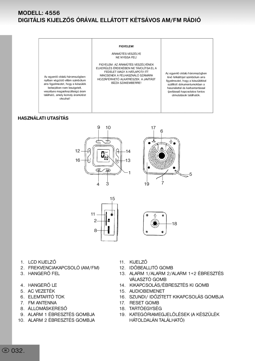 Elta 4556 manual 032, Választó Gomb, FM Antenna, Állomáskereső Tartóegység Alarm 1 Ébresztés Gombja 