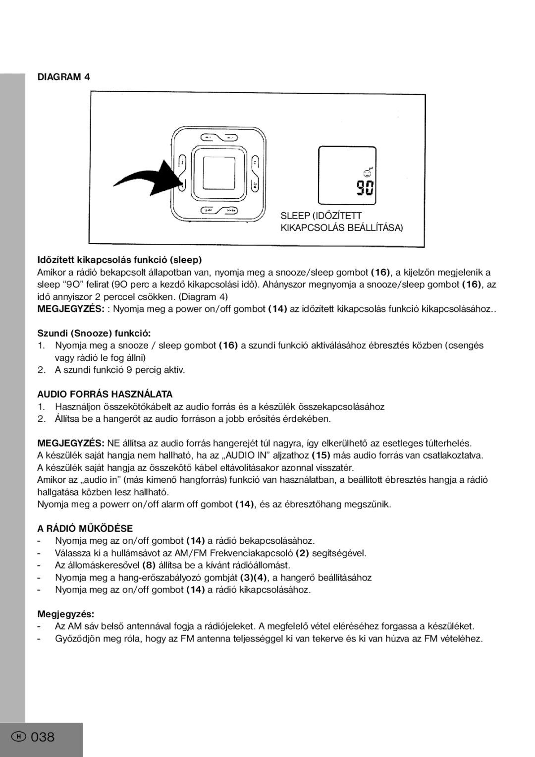 Elta 4556 manual 038, Diagram Sleep Időzített Kikapcsolás Beállítása, Audio Forrás Használata, Rádió Működése 