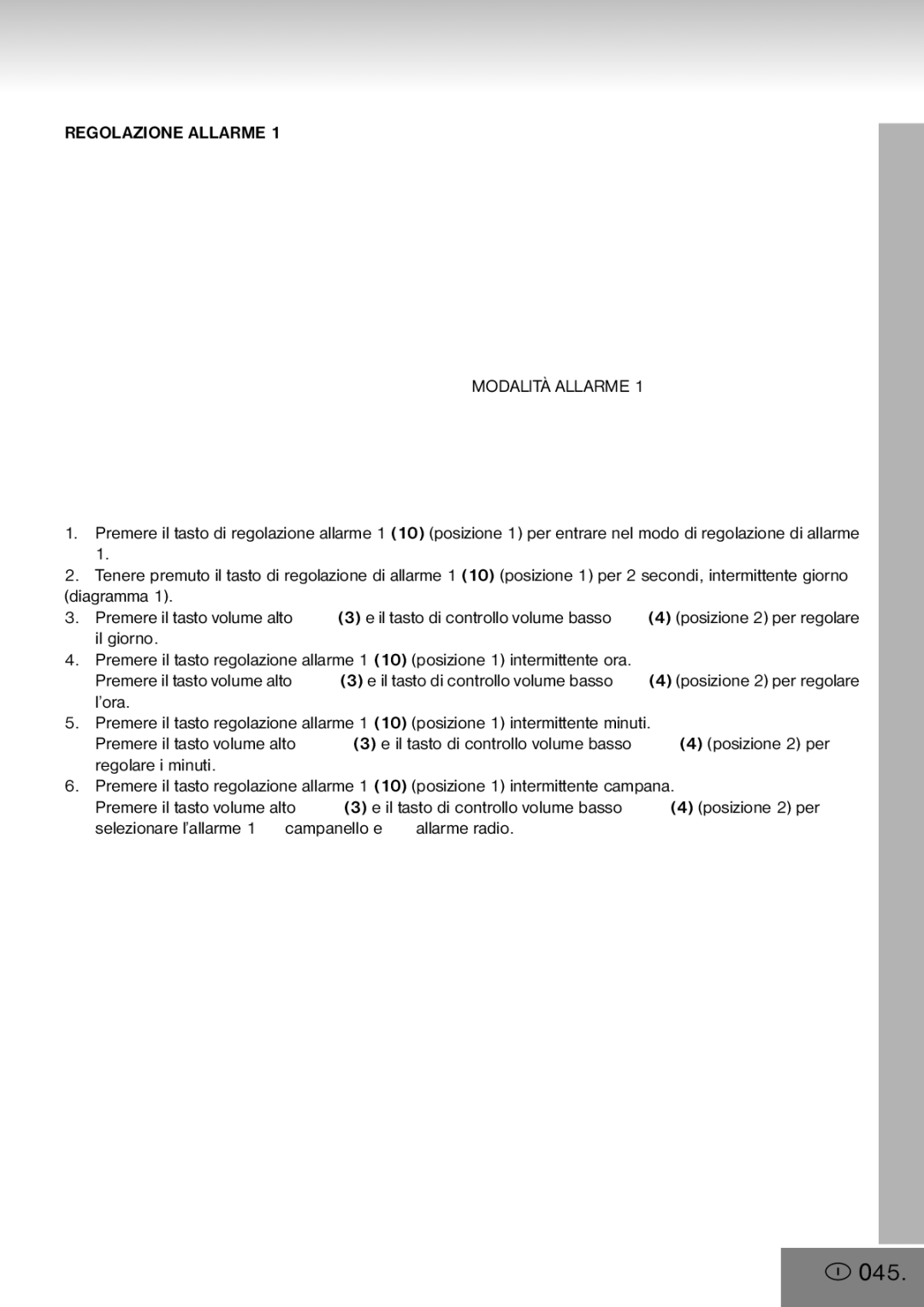 Elta 4556 manual 045, Regolazione Allarme Modalità Allarme 