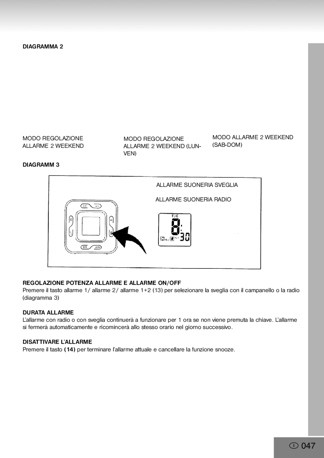 Elta 4556 manual 047, Diagramma Modo Regolazione, Durata Allarme, Disattivare L’ALLARME 