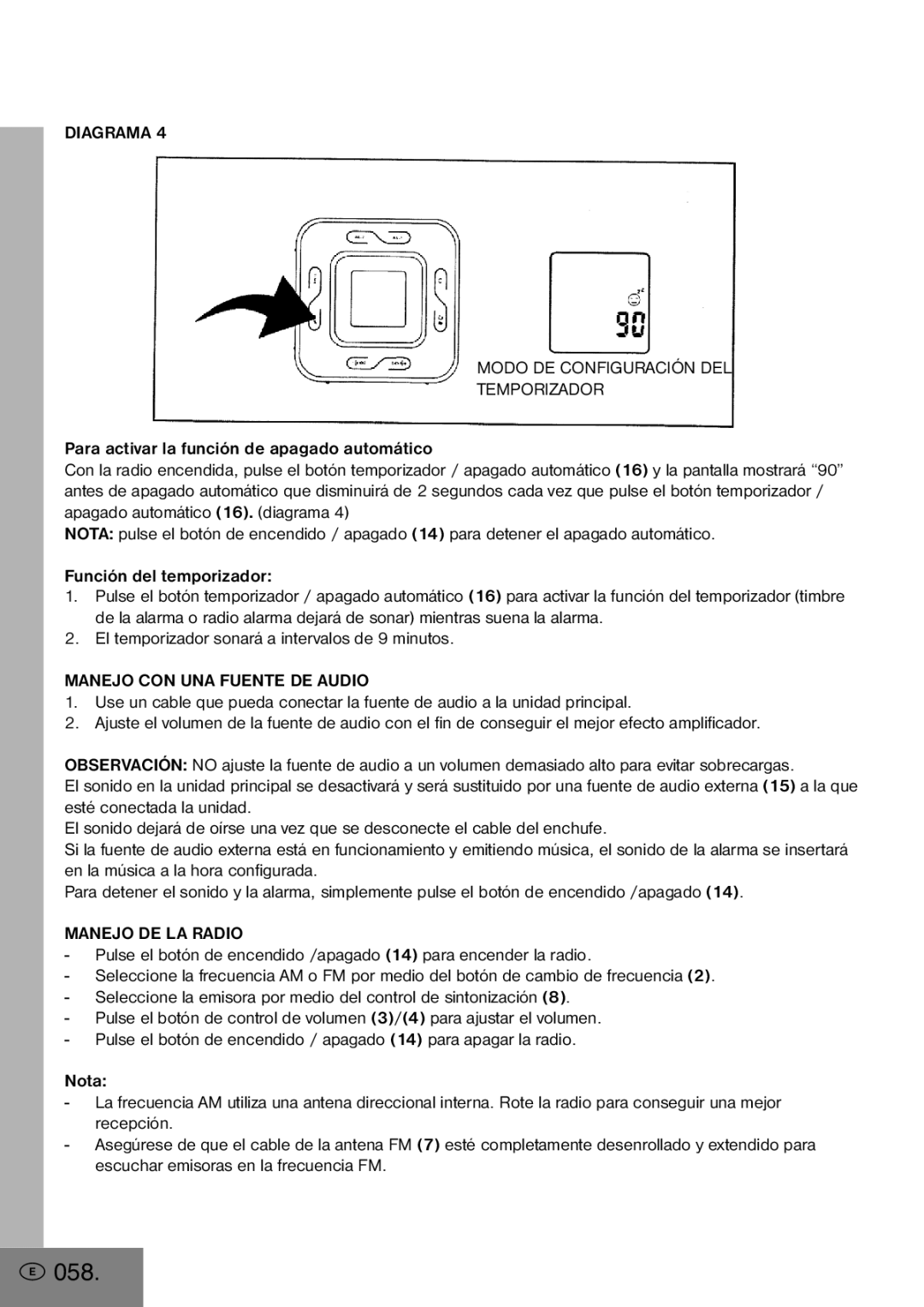 Elta 4556 manual 058, Diagrama Modo DE Configuración DEL Temporizador, Manejo CON UNA Fuente DE Audio, Manejo DE LA Radio 