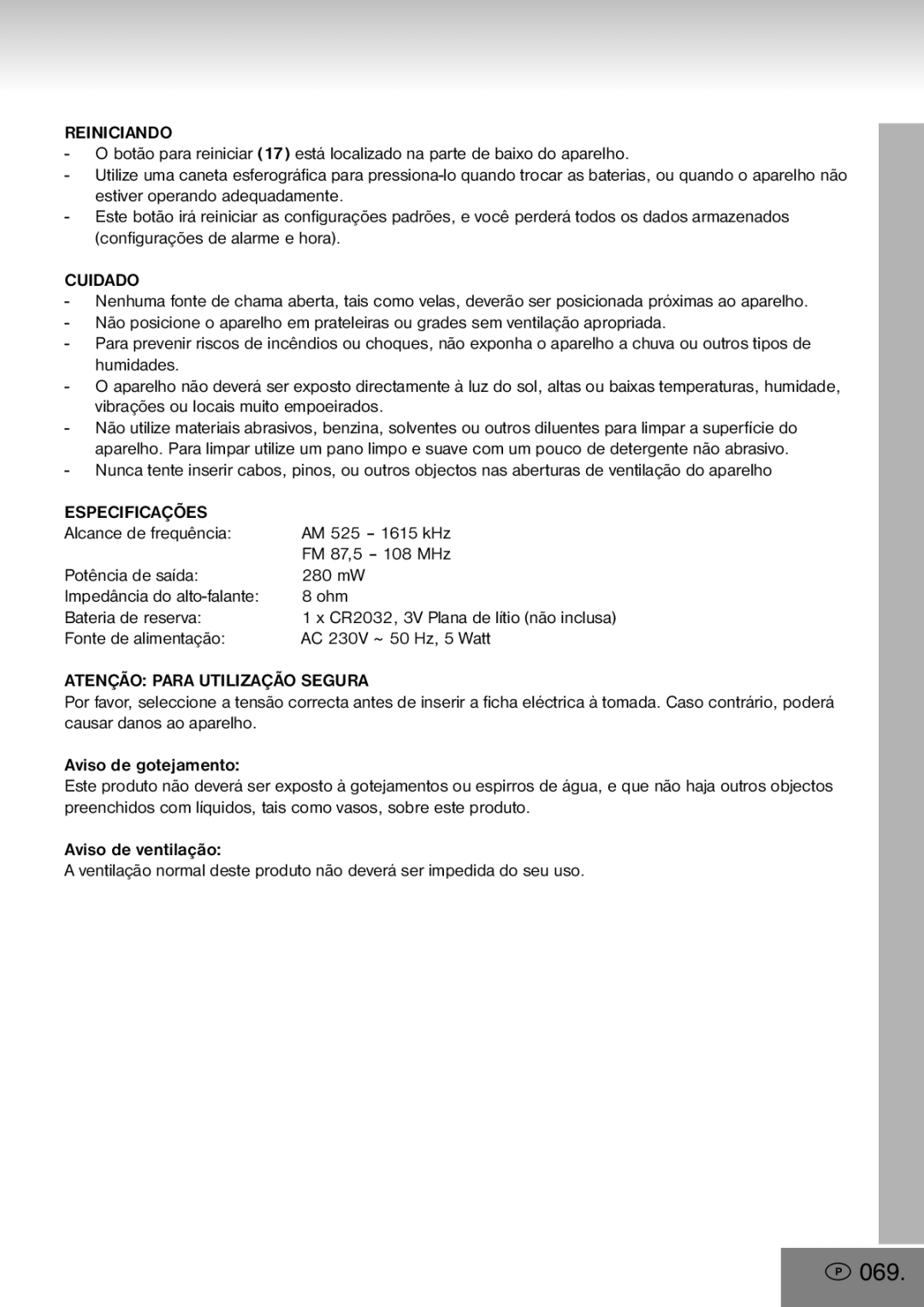 Elta 4556 manual 069, Reiniciando, Cuidado, Especificações, Atenção Para Utilização Segura 