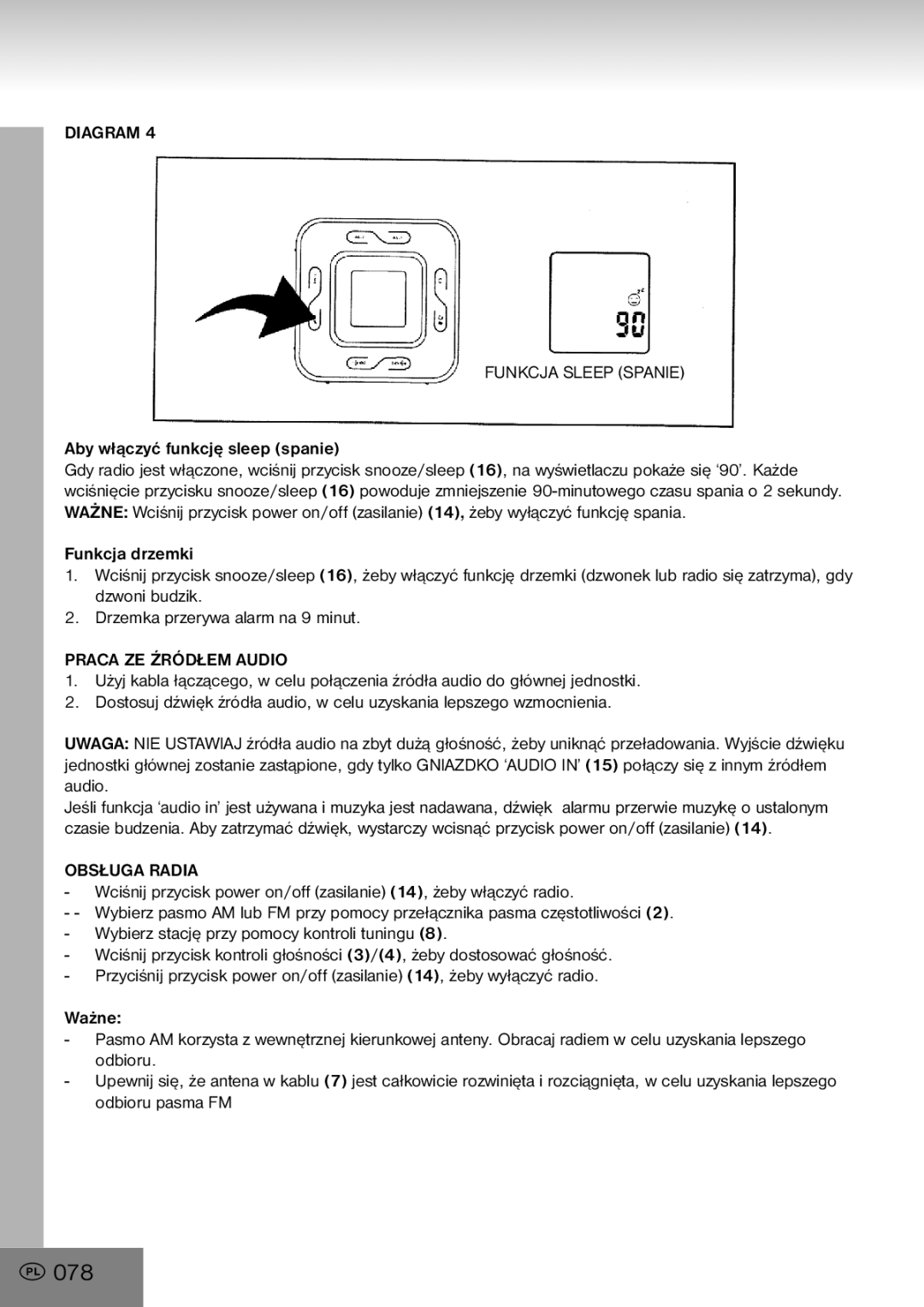 Elta 4556 manual 078, Diagram Funkcja Sleep Spanie, Praca ZE Źródłem Audio, Obsługa Radia 