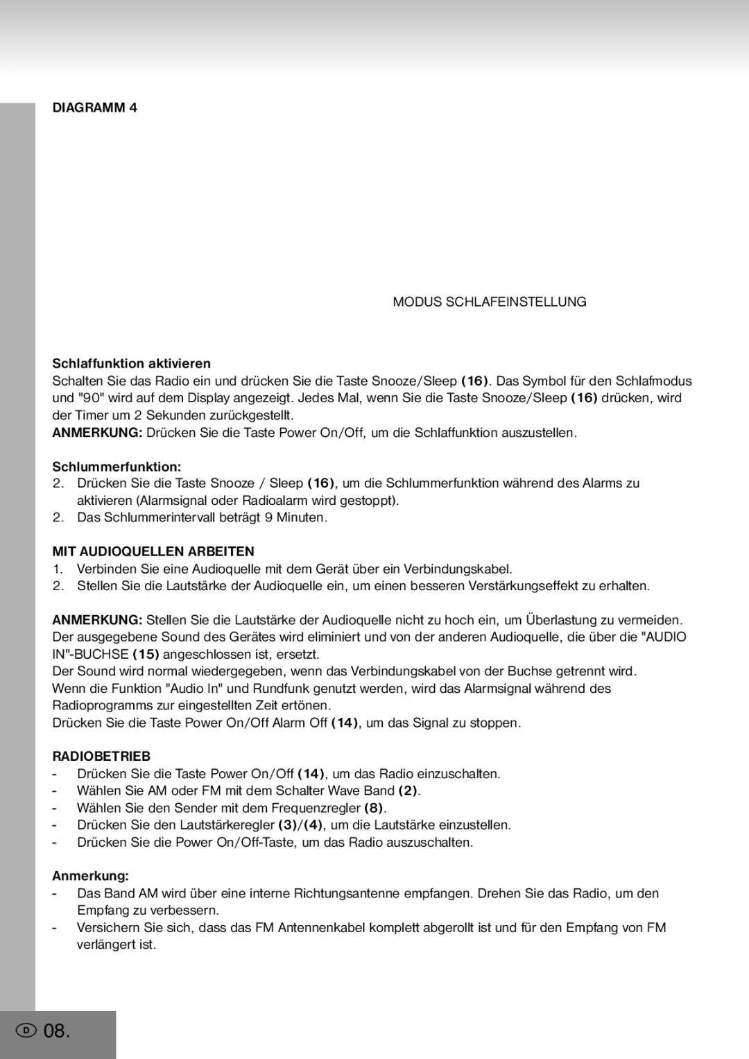 Elta 4556 manual Diagramm Modus Schlafeinstellung, MIT Audioquellen Arbeiten, Radiobetrieb 