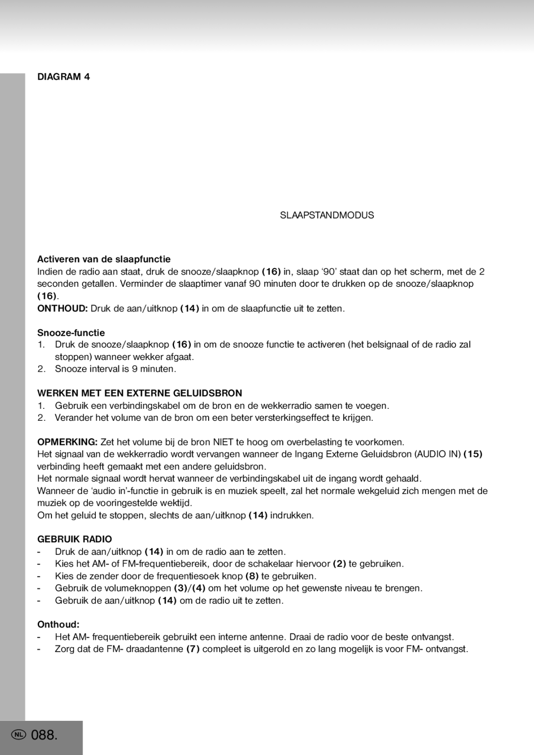 Elta 4556 manual 088, Diagram Slaapstandmodus, Werken MET EEN Externe Geluidsbron, Gebruik Radio 