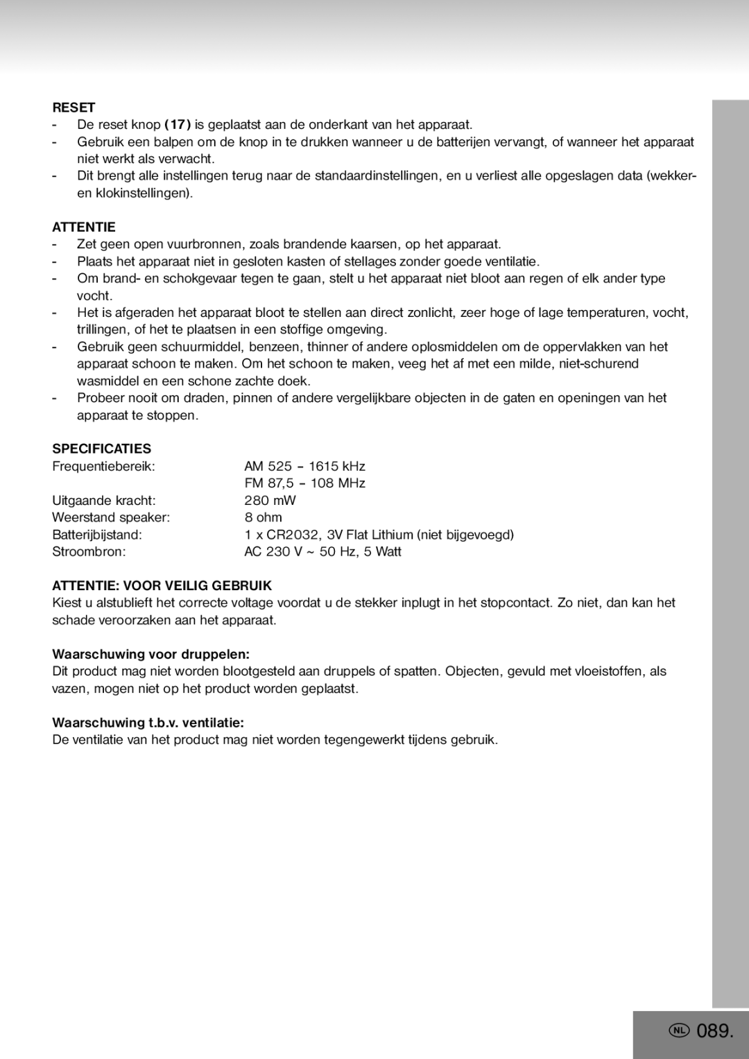 Elta 4556 manual 089, Specificaties, Attentie Voor Veilig Gebruik 