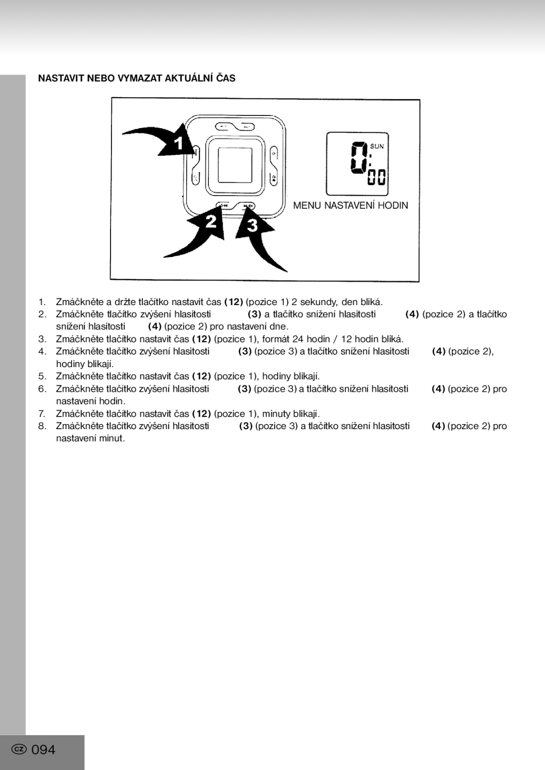 Elta 4556 manual 094, Nastavit Nebo Vymazat Aktuální ČAS Menu Nastavení Hodin 