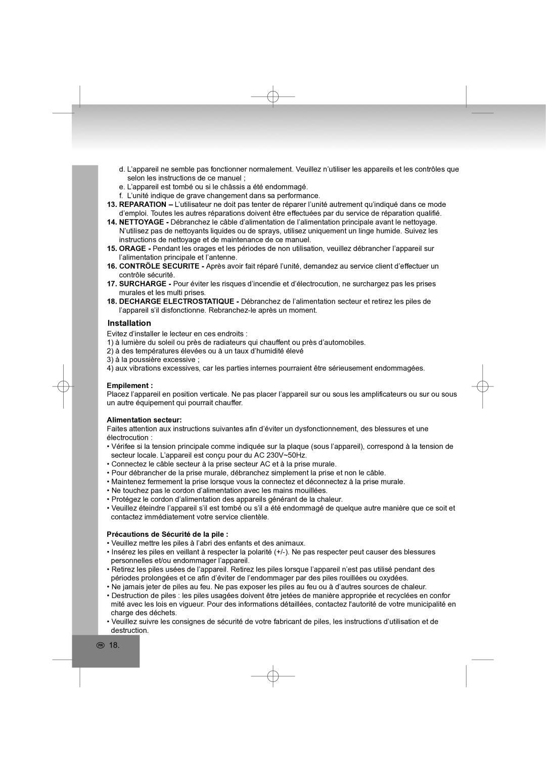 Elta 4569 manual Empilement, Alimentation secteur, Précautions de Sécurité de la pile 