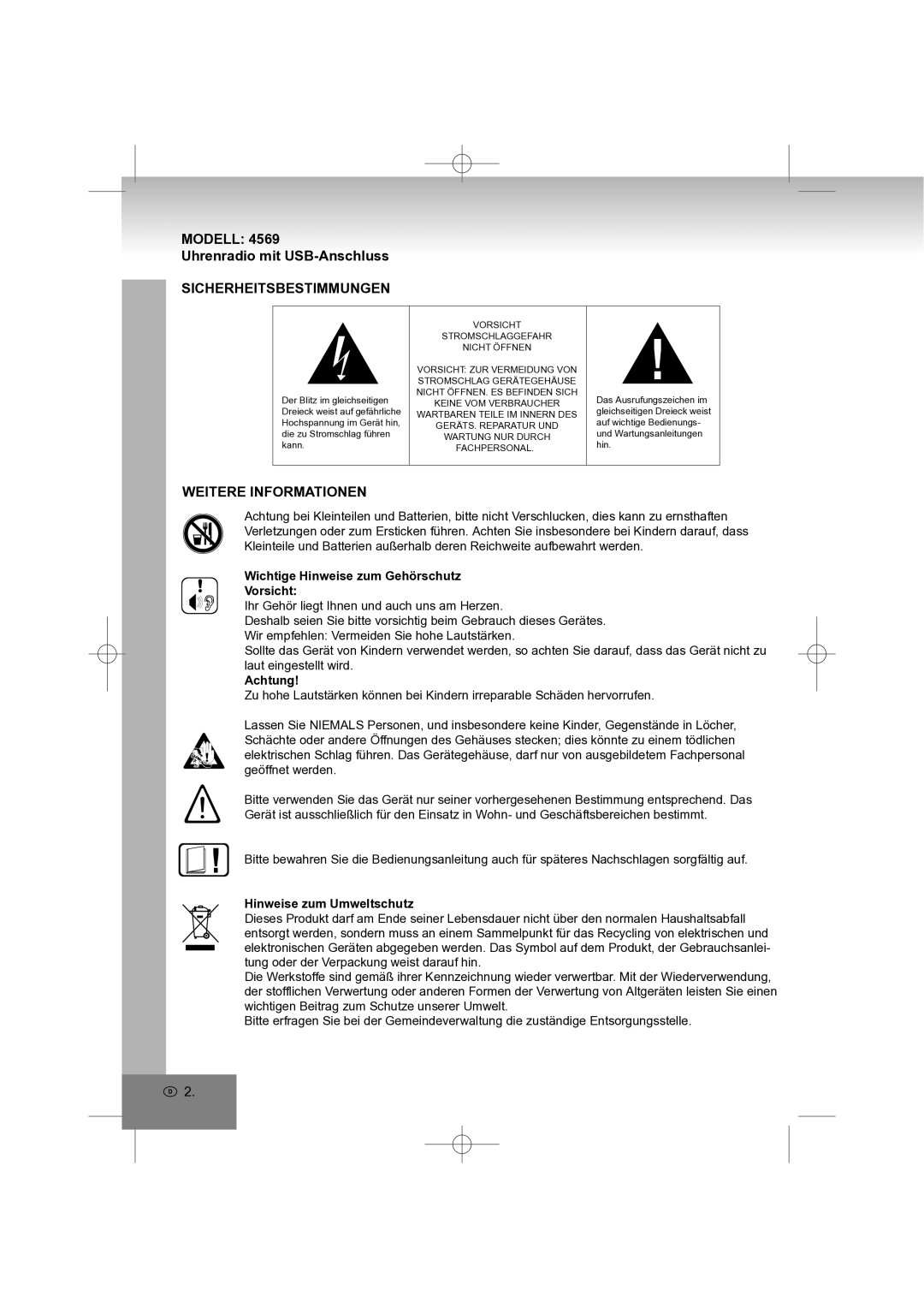 Elta 4569 manual Modell Uhrenradio mit USB-Anschluss, Sicherheitsbestimmungen, Weitere Informationen 