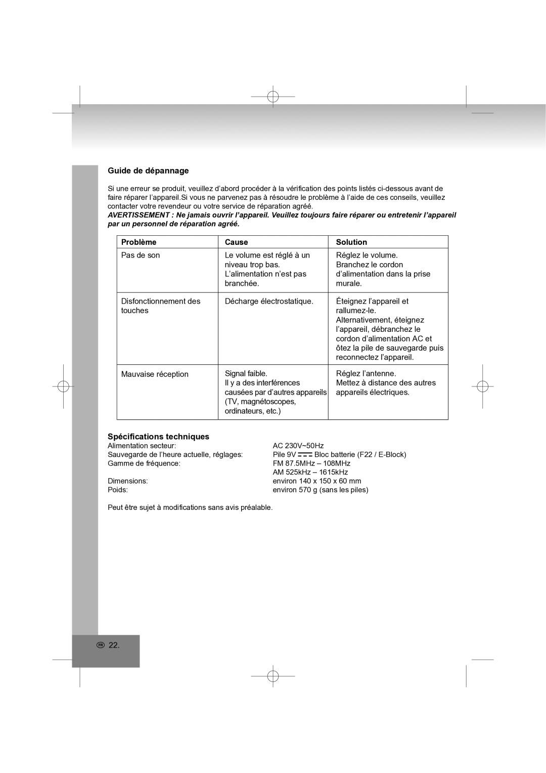 Elta 4569 manual Guide de dépannage, Spécifications techniques, Problème Cause 