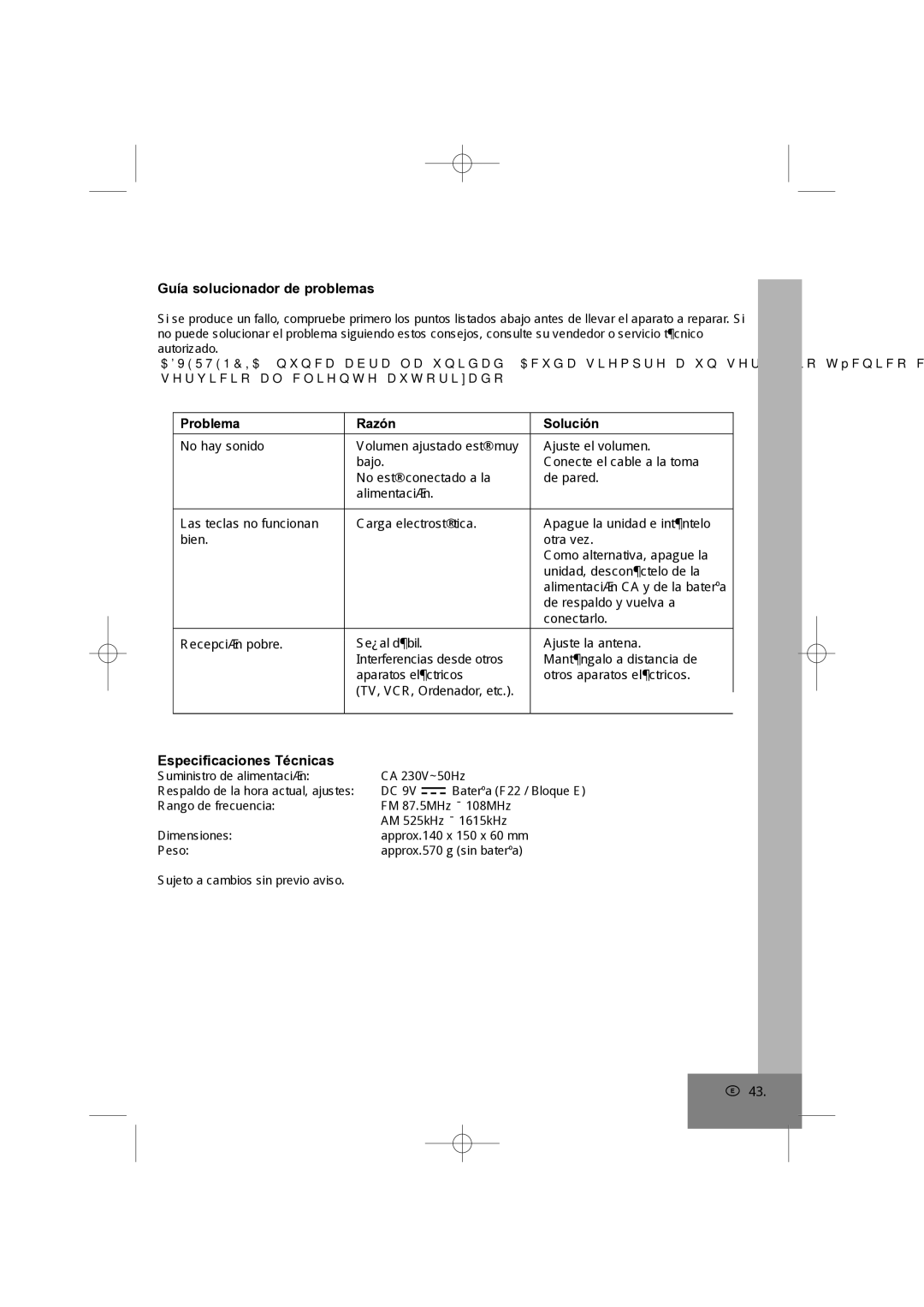 Elta 4569 manual Guía solucionador de problemas, Especificaciones Técnicas, Problema Razón Solución 