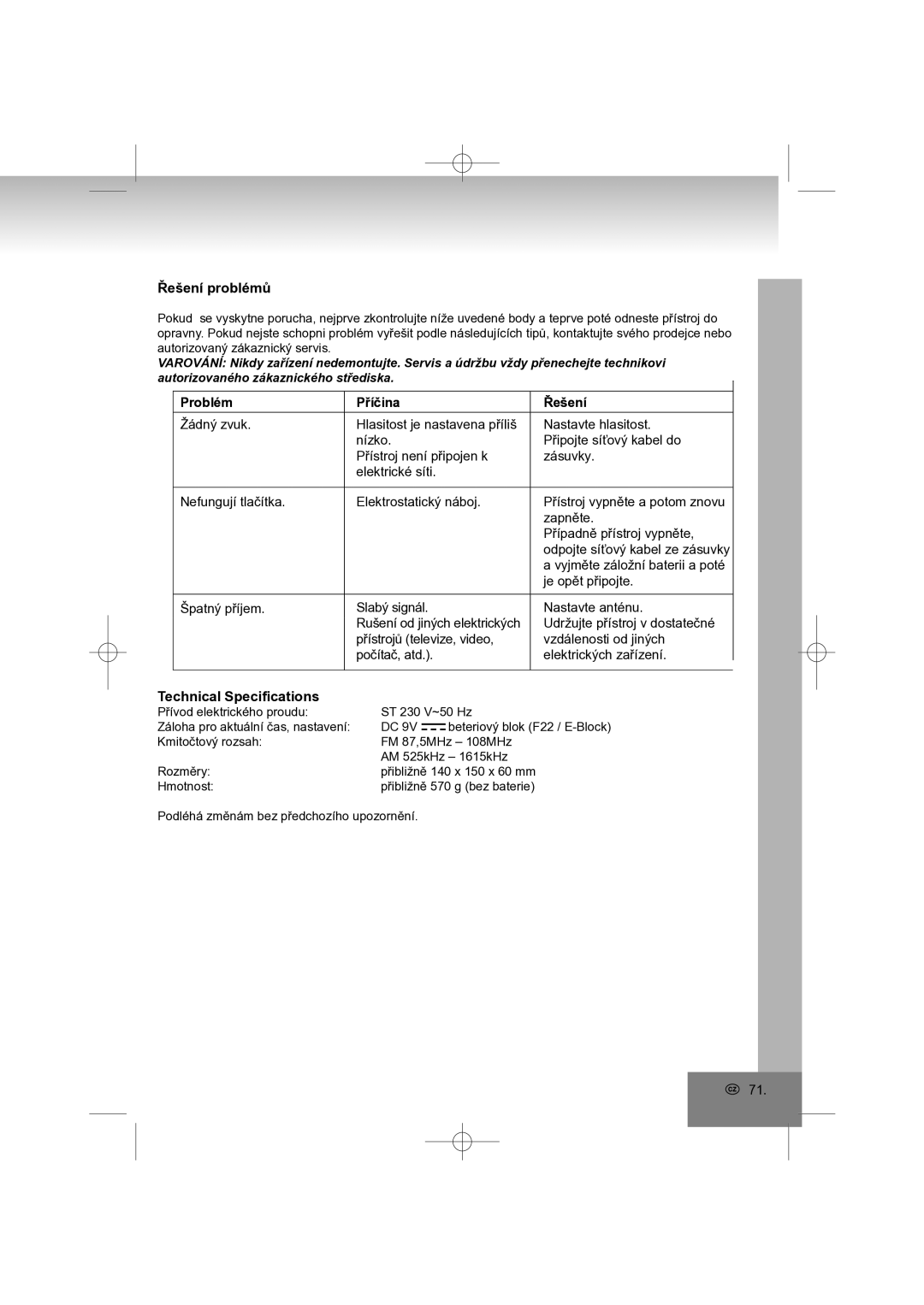 Elta 4569 manual Řešení problémů, Problém Příčina Řešení 