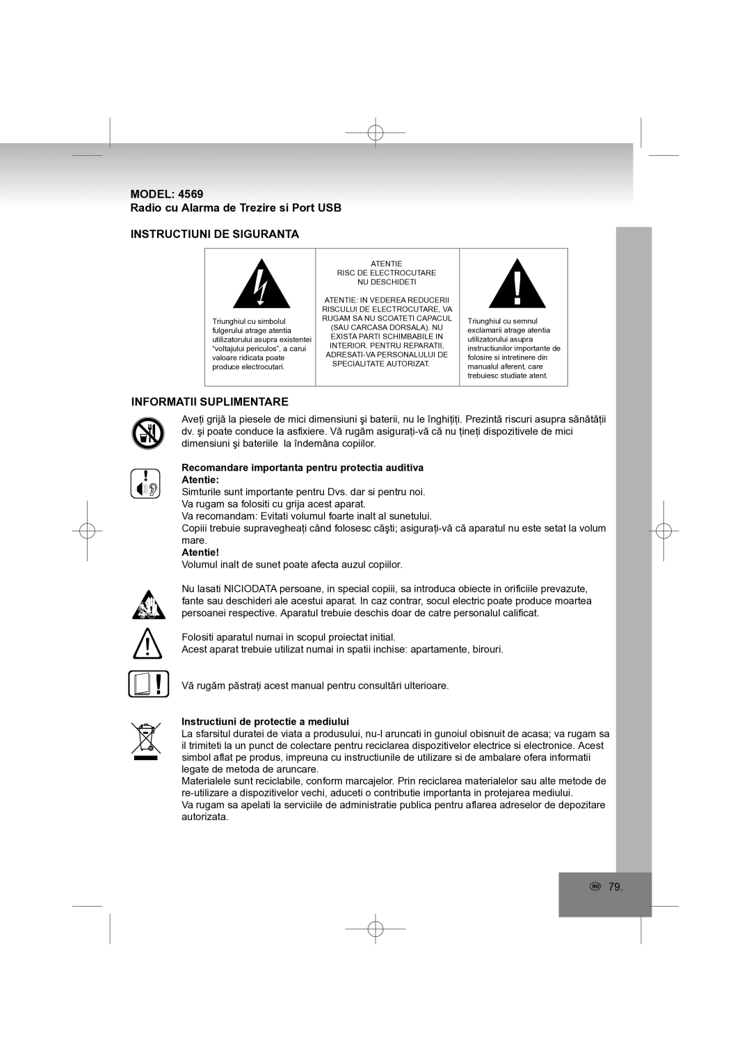 Elta 4569 manual Model Radio cu Alarma de Trezire si Port USB, Instructiuni DE Siguranta, Informatii Suplimentare 