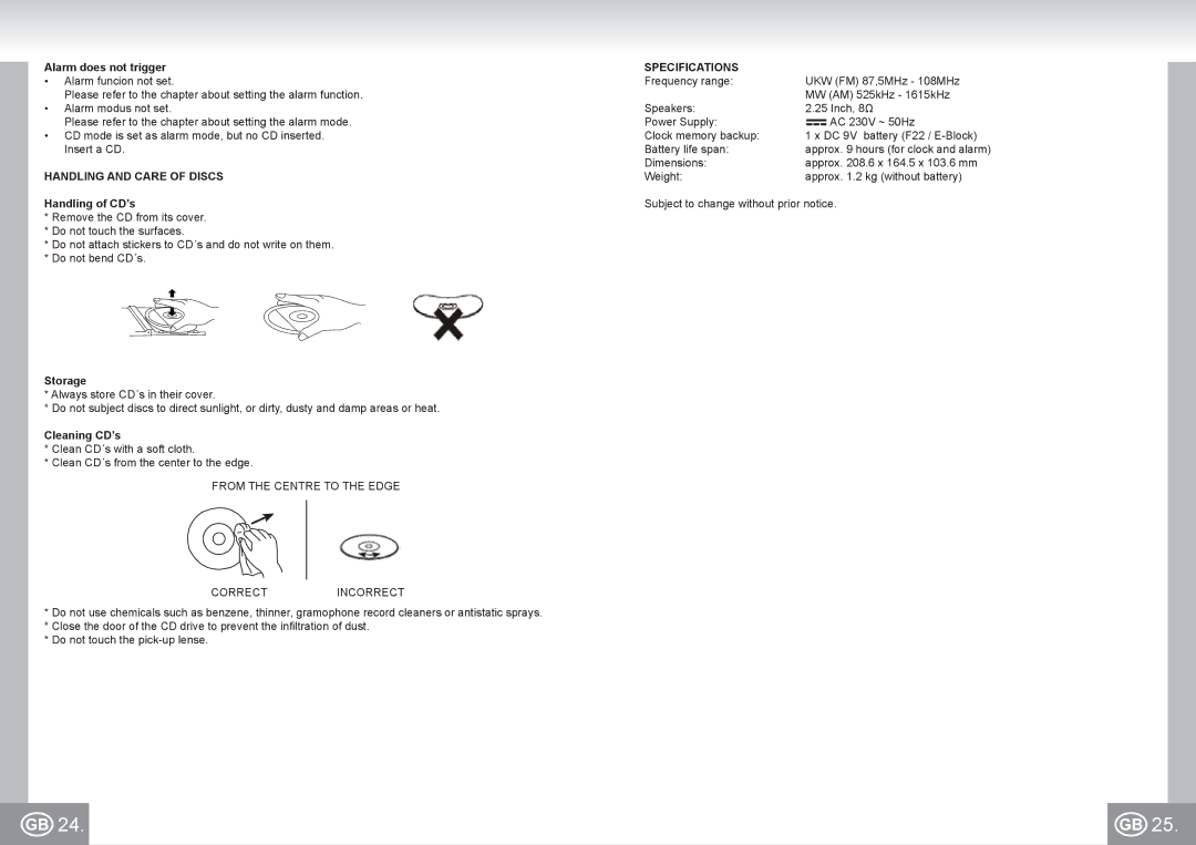 Elta 4574 manual Handling and Care of Discs, Specifications 