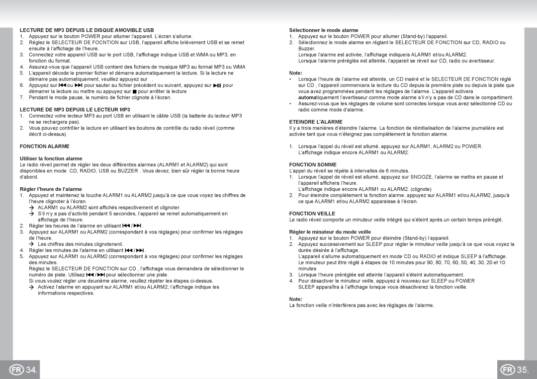 Elta 4574 manual Lecture DE MP3 Depuis LE Disque Amovible USB, Lecture DE MP3 Depuis LE Lecteur MP3, Fonction Alarme 