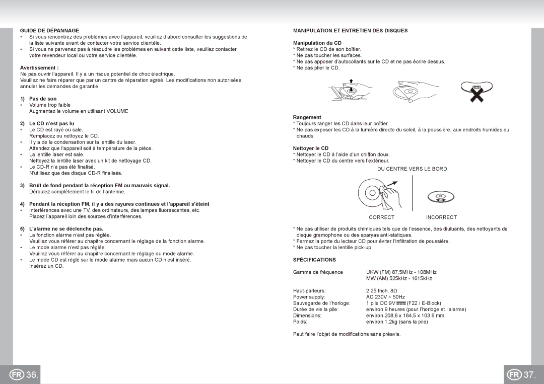 Elta 4574 manual Guide DE Dépannage, Manipulation ET Entretien DES Disques, Spécifications 