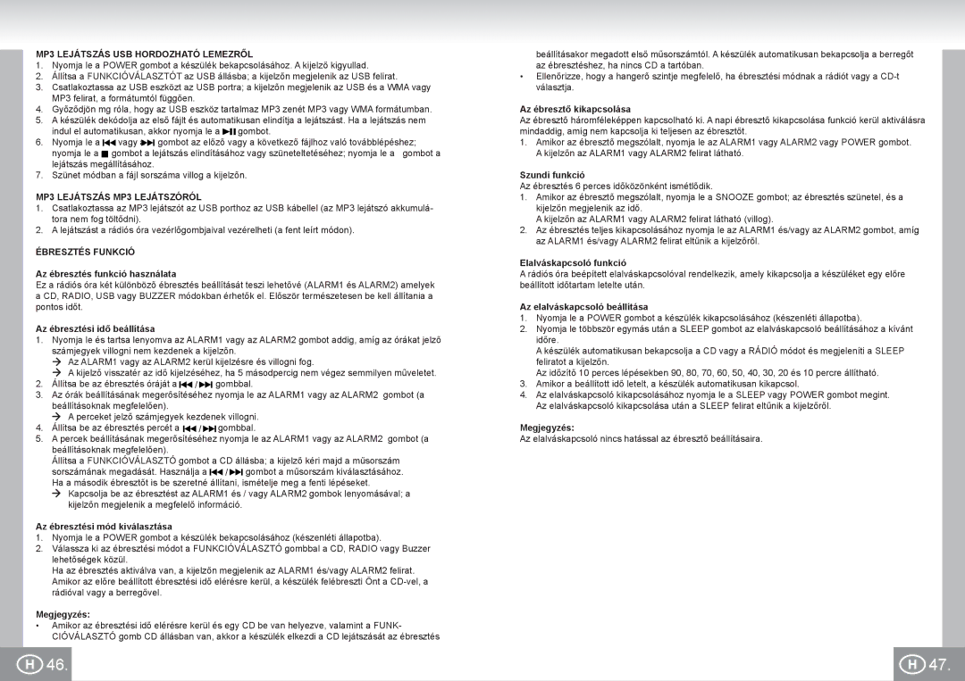 Elta 4574 manual MP3 Lejátszás USB Hordozható Lemezről, MP3 Lejátszás MP3 Lejátszóról, Ébresztés Funkció 